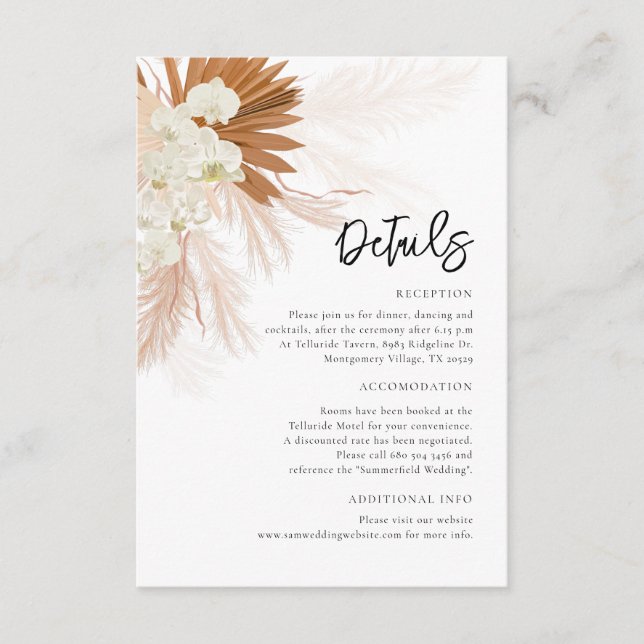 Pampas Grass Floral Wedding Details Enclosure Card (Front)