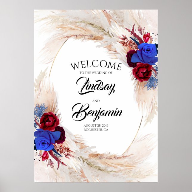 Pampas Grass Floral Wreath Wedding Welcome Sign (Front)