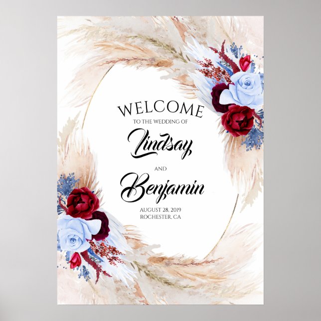 Pampas Grass Floral Wreath Wedding Welcome Sign (Front)