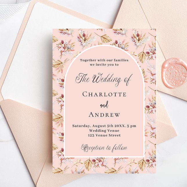 Pampas grass florals rose gold boho wedding invitation postcard (Creator Uploaded)