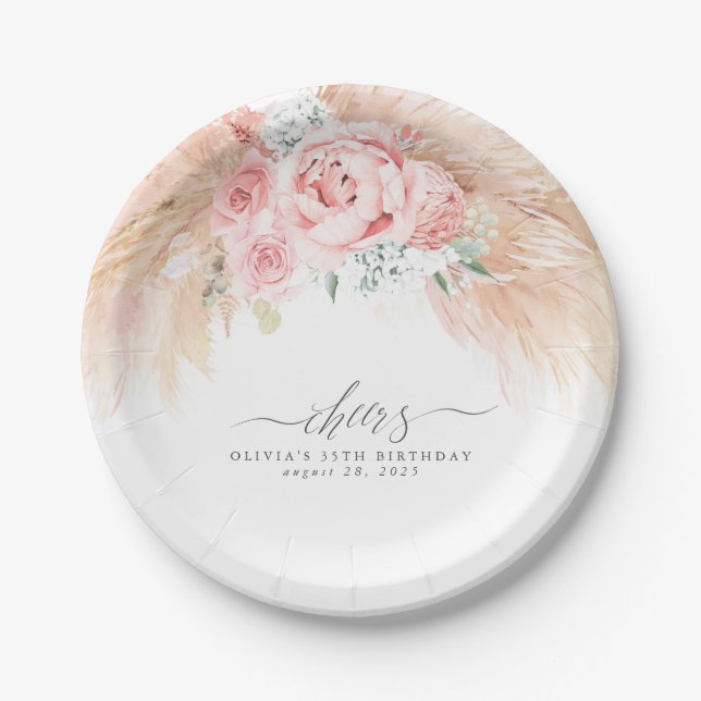 Pampas Grass Flowers Cheers Tropical Paper Plate (Front)