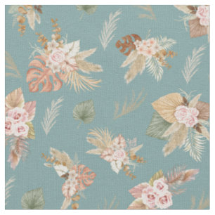 Pampas Grass & Flowers on Bluish Green Fabric