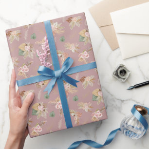 Pampas Grass & Flowers on Grayish Pink Wrapping Paper