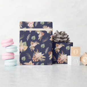 Pampas Grass & Flowers on Navy Blue Wrapping Paper