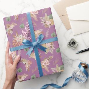 Pampas Grass & Flowers on Purple Wrapping Paper