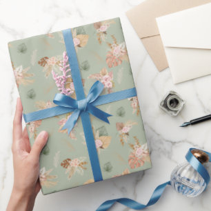 Pampas Grass & Flowers on Sage Green Wrapping Paper