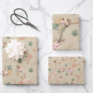 Pampas Grass & Flowers on Tan Wrapping Paper Sheet