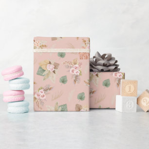 Pampas Grass & Flowers on Tea Rose Pink Wrapping Paper