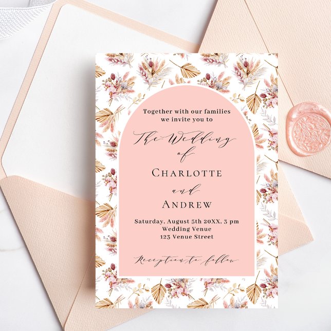 Pampas grass flowers rose gold boho script wedding invitation (Creator Uploaded)