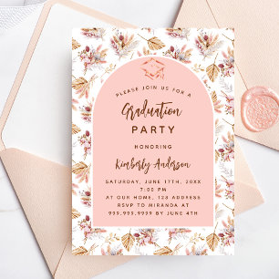 Pampas grass flowers rose gold graduation party invitation