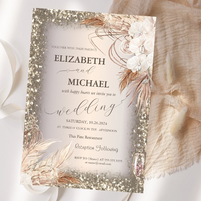 Pampas Grass Flowers Sequins Frame Invitation (Creator Uploaded)