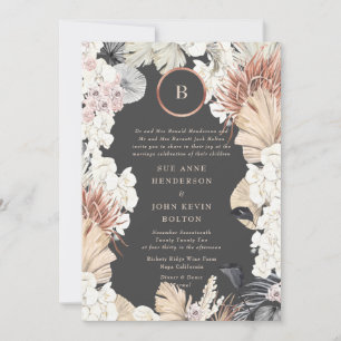Pampas Grass Frame Gold Foil Monogram Charcoal Invitation