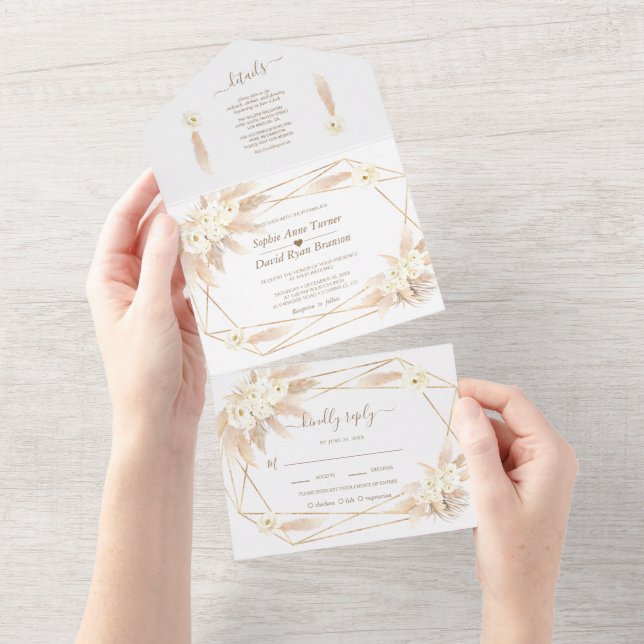 Pampas Grass Gold Monogram All in One Wedding  A Invitation (Tearaway)