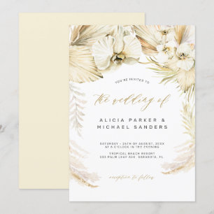 Pampas grass gold orchid tropical bohemian wedding invitation