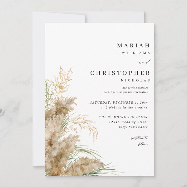 Pampas Grass & Gold Wedding 2 Invitation (Front)