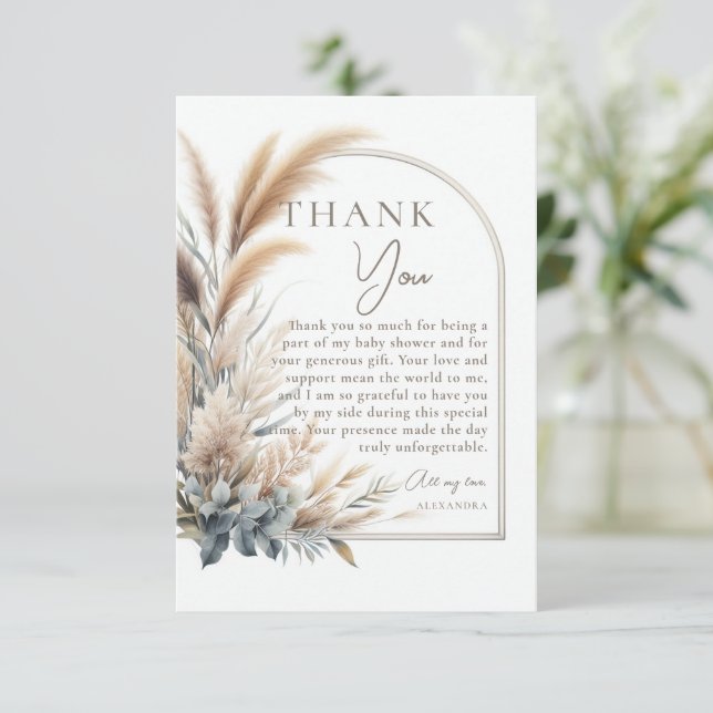 Pampas Grass Greenery Boho Neutral Baby Shower Thank You Card (Standing Front)
