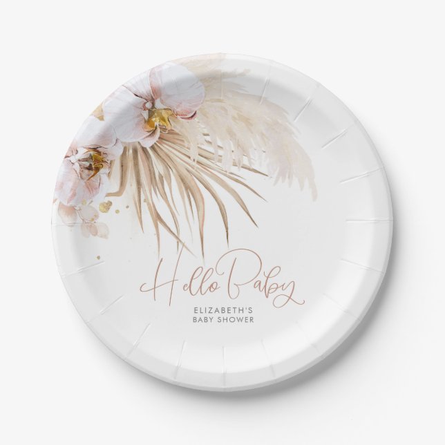 Pampas Grass Hello Baby Baby Shower Boho Paper Plate (Front)
