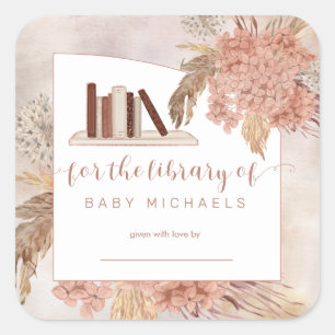Pampas Grass   Hydrangeas Baby Shower Bookplate Square Sticker