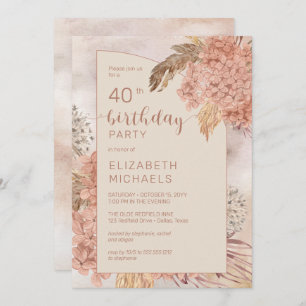 Pampas Grass Hydrangeas Blooms 40th Birthday Party Invitation