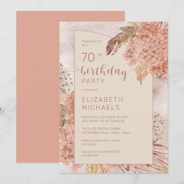 Pampas Grass Hydrangeas Blooms 70th Birthday Party Invitation (Front/Back)