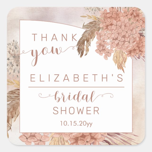 Pampas Grass | Hydrangeas Bridal Shower Thank You  Square Sticker (Front)
