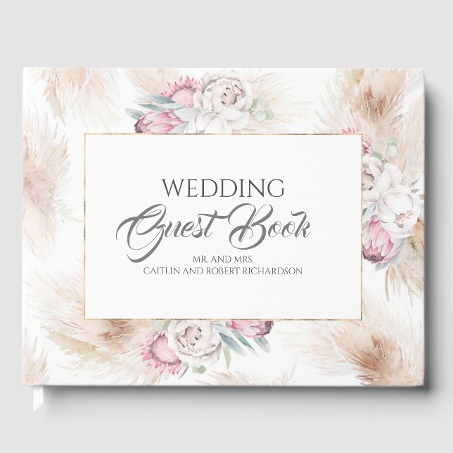 Pampas Grass King Protea Floral Wedding Guest Book (Front)
