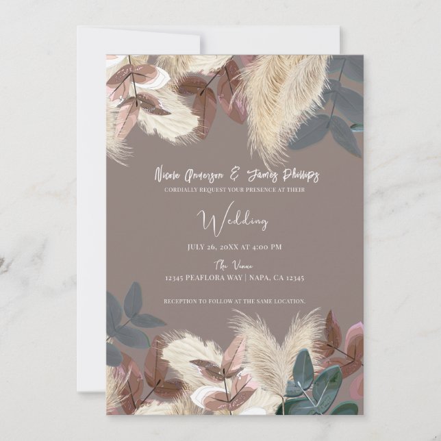 Pampas Grass & Leaves Earthy Bohemian Wedding Invitation (Front)