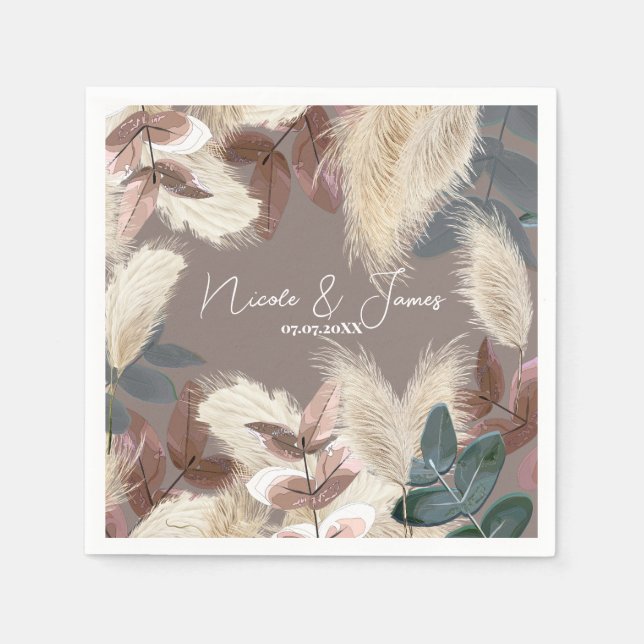 Pampas Grass & Leaves Earthy Bohemian Wedding Napkin (Front)