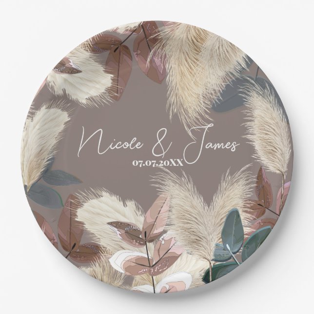 Pampas Grass & Leaves Earthy Bohemian Wedding Paper Plate (Front)