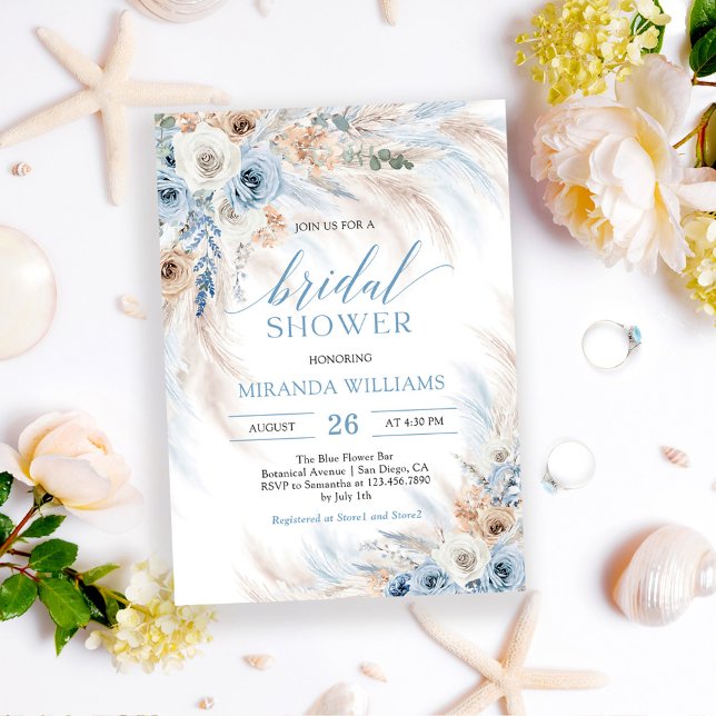 Pampas Grass Light Blue Floral Bridal Shower Invitation (Creator Uploaded)