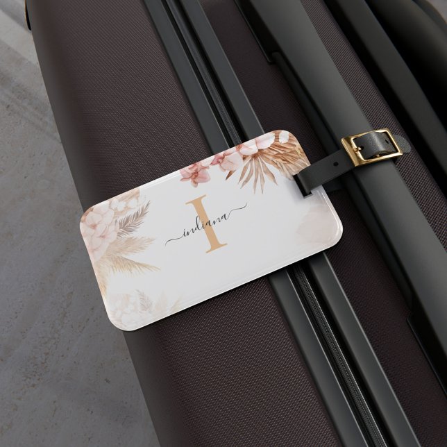 Pampas Grass Monogram Initial Name Luggage Tag (Pampas Grass Script Monogram Watercolor Luggage Tag)