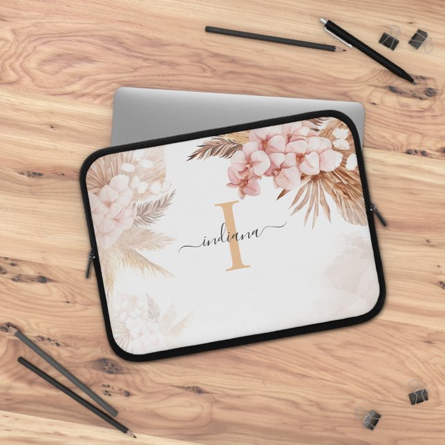 Pampas Grass Monogram Initial Name Script  Laptop Sleeve (Monogram Pampas Grass Script Initial Watercolor Laptop Sleeve)