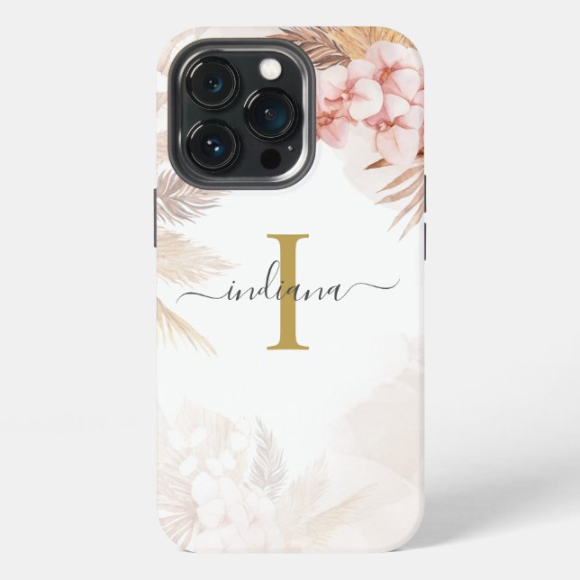 Pampas Grass Monogram Stylish Initial Terracotta iPhone Case (Back)