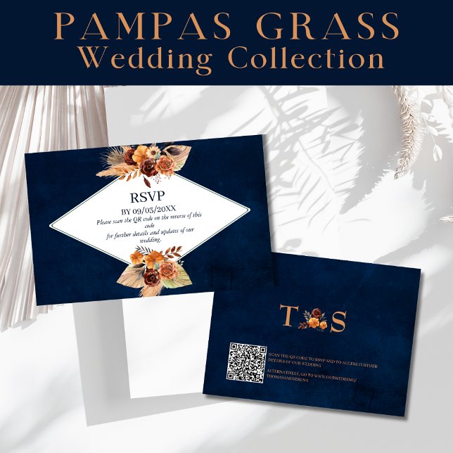 Pampas Grass Navy Blue Autumn Fall QR Code RSVP Card (Creator Uploaded)