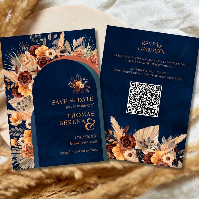 Pampas Grass Navy Blue Save The Date QR Code  Invitation (Creator Uploaded)