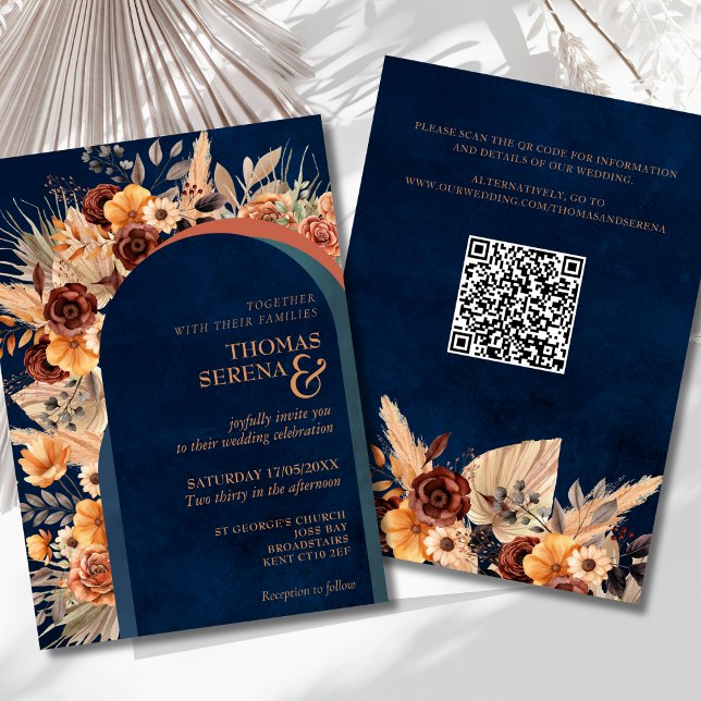 Pampas Grass Navy Blue Terracotta Fall QR Code  Invitation (Creator Uploaded)
