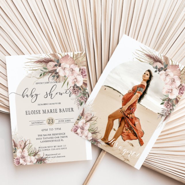 Pampas Grass Orchid Floral Arch Baby Shower Photo Invitation (Creator Uploaded)