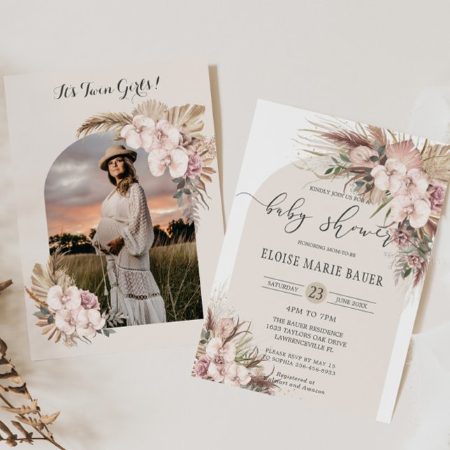 Pampas Grass Orchid Floral Arch Baby Shower Photo  Invitation (Creator Uploaded)
