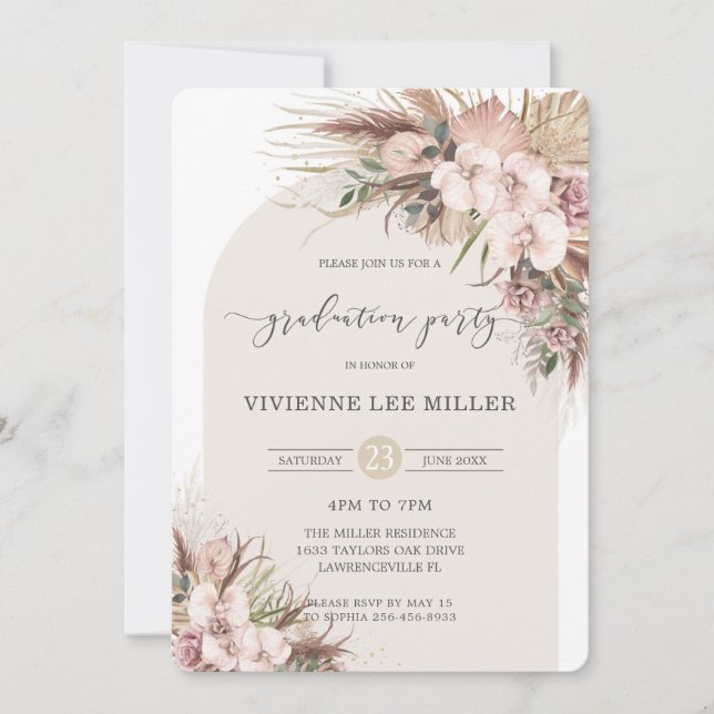 Pampas Grass Orchid Floral Arch Picture Graduation Invitation (Front)