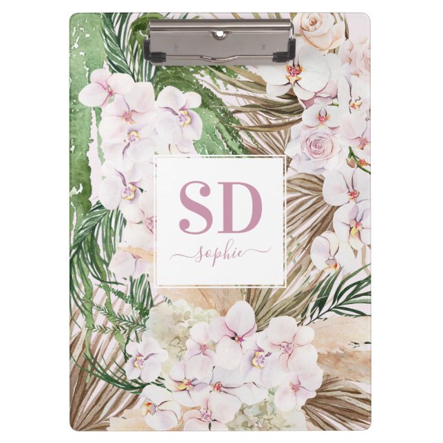 Pampas grass, orchid, tropical foliage script text clipboard (Front)