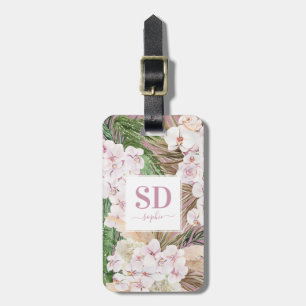 Pampas grass, orchid, tropical foliage script text luggage tag