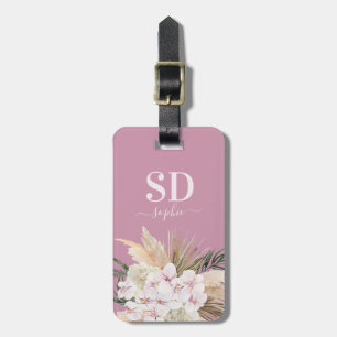 Pampas grass, orchid, tropical foliage script text luggage tag