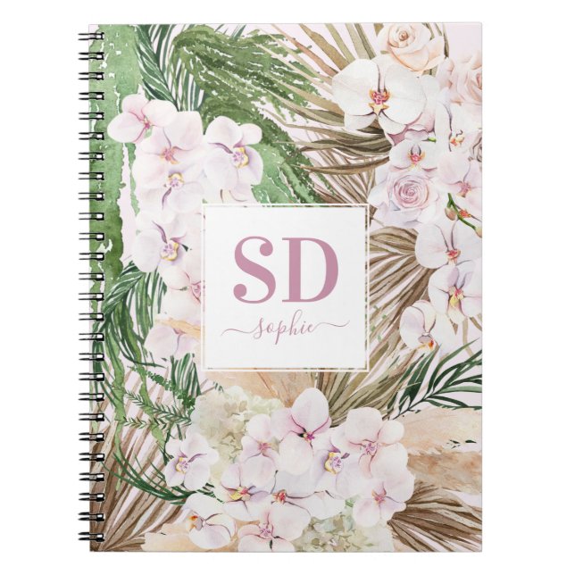 Pampas grass, orchid, tropical foliage script text notebook (Front)