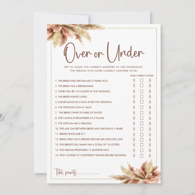 Pampas Grass Over & Under Bridal Shower Game Card (Front)