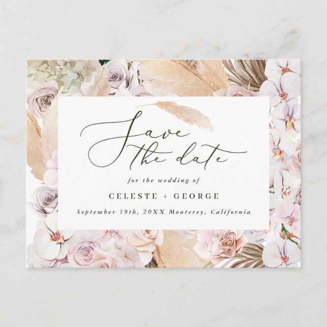 Pampas grass palm foliage orchid modern rustic announcement postcard (Front)