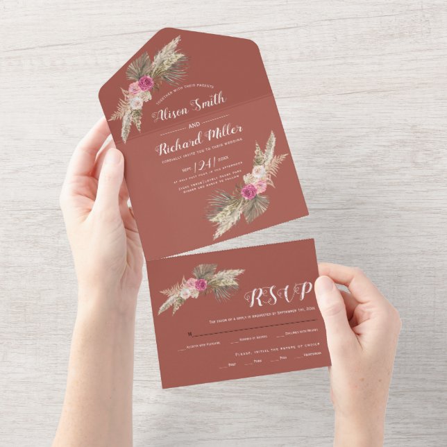 Pampas grass palm leaves roses terracotta wedding all in one invitation (Tearaway)