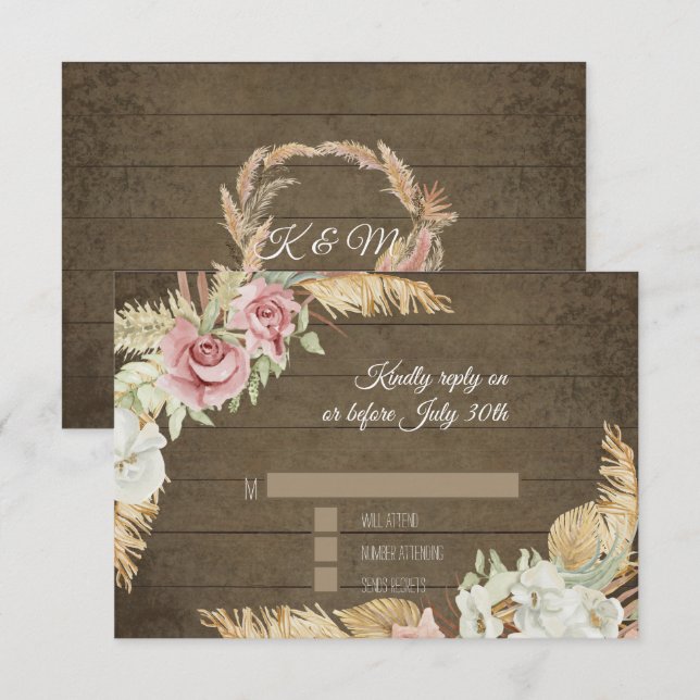 Pampas Grass Palm Pink Floral Rustic Foliage RSVP Card (Front/Back)