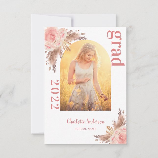 Pampas grass photo blush graduation 2025 thank you card (Front)