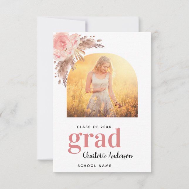Pampas grass photo blush graduation girl thank you card (Front)