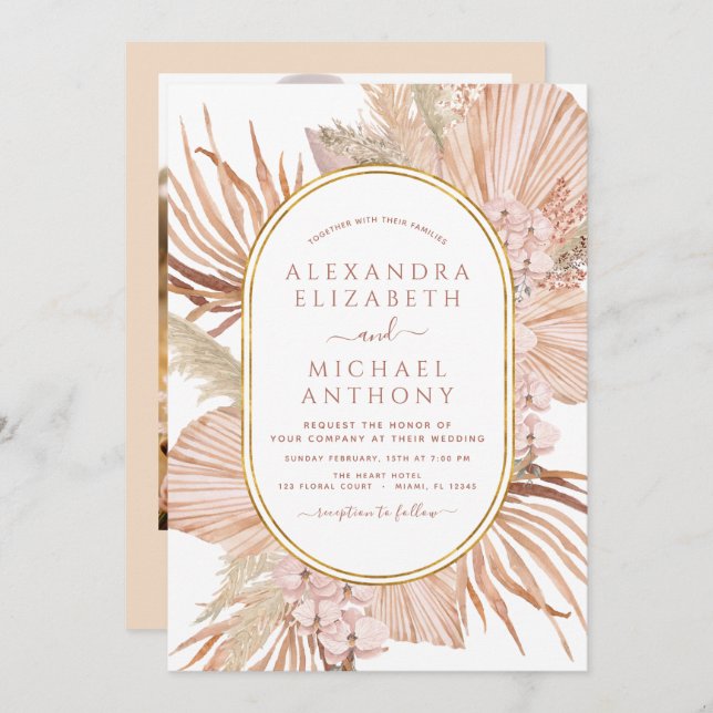 Pampas Grass Photo Picture Boho Tropical Wedding Invitation (Front/Back)